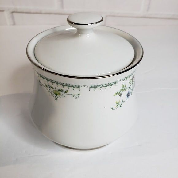 Vtg Cotillion Juliet White with Silver Green Dainty Floral Sugar & Creamer Set - Picture 5 of 11